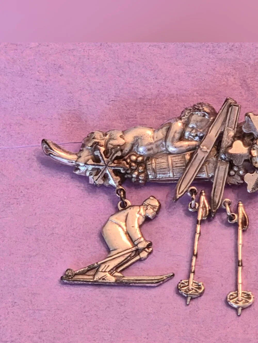 Vintage Kirks Folly Winter Skiing Cherub Silvertone Dangle Charm Brooch 1990s